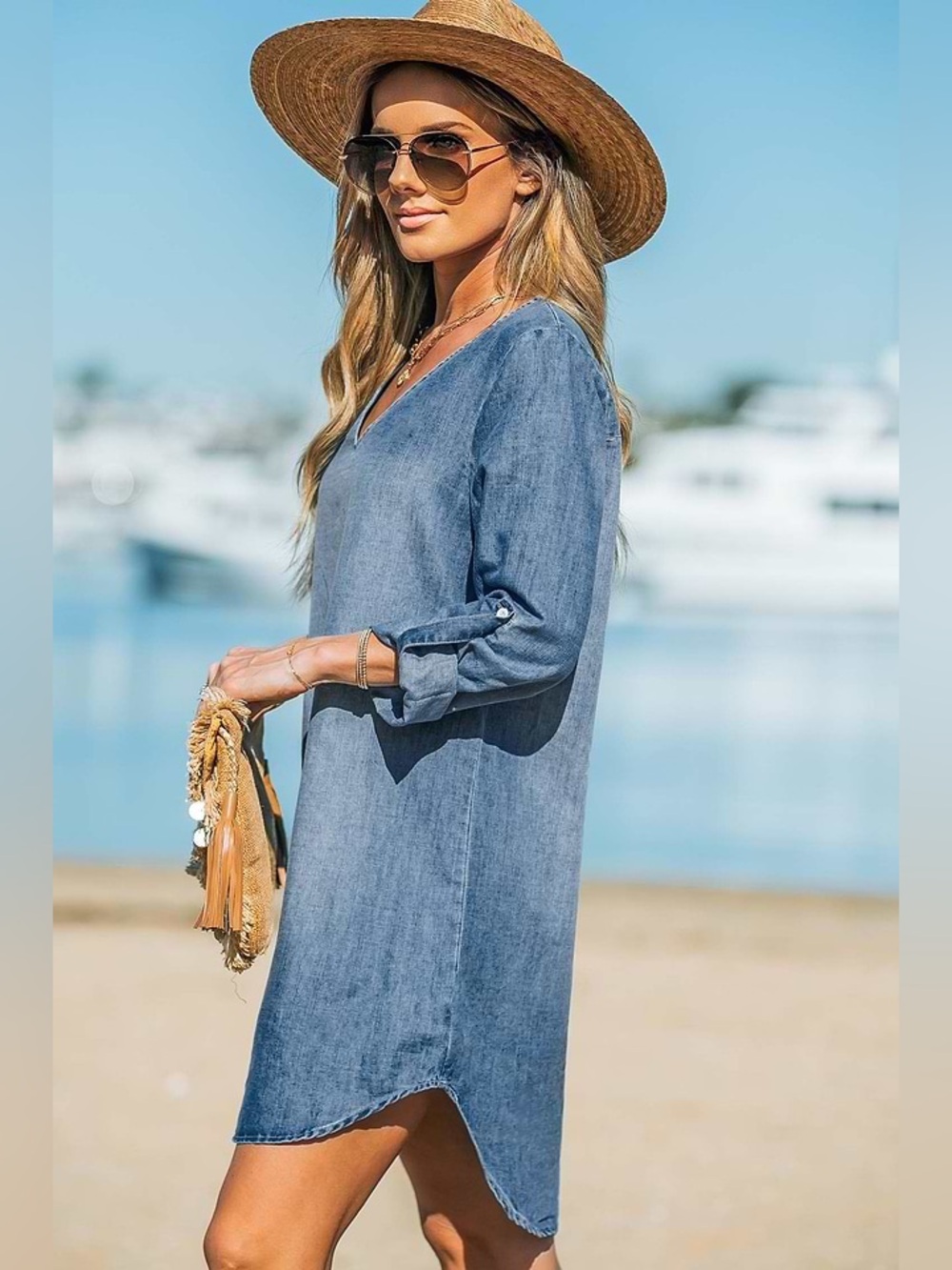 CUPSHE | Stonewash Denim V-Neck Mini Dress